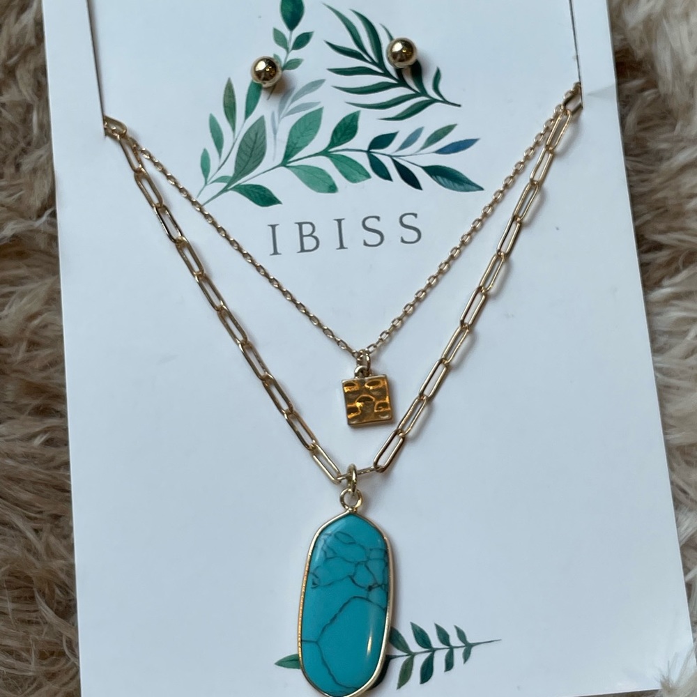 NWT Ibiss Necklace + Earrings Set, 3 Pcs Turquoise & Hammered Goldtone Boho Vibe